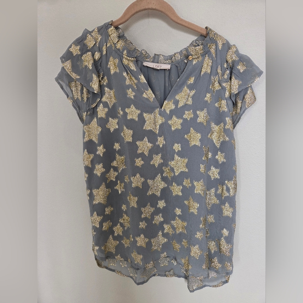 LOFT Gray Blouse with Gold Star Print Small
